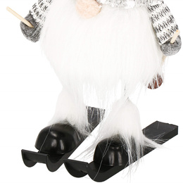 Skrzat na nartach 34 cm ozdoba świąteczna, ruchomy krasnal świąteczny, gnom szary