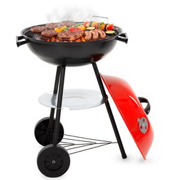 Grill węglowy, zamykany pokrywą okrągły, ruszt 41 cm przenośny, czarno-czerwony