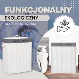 Kosz na pranie 100L bambusowy z pokrywą biały, szary