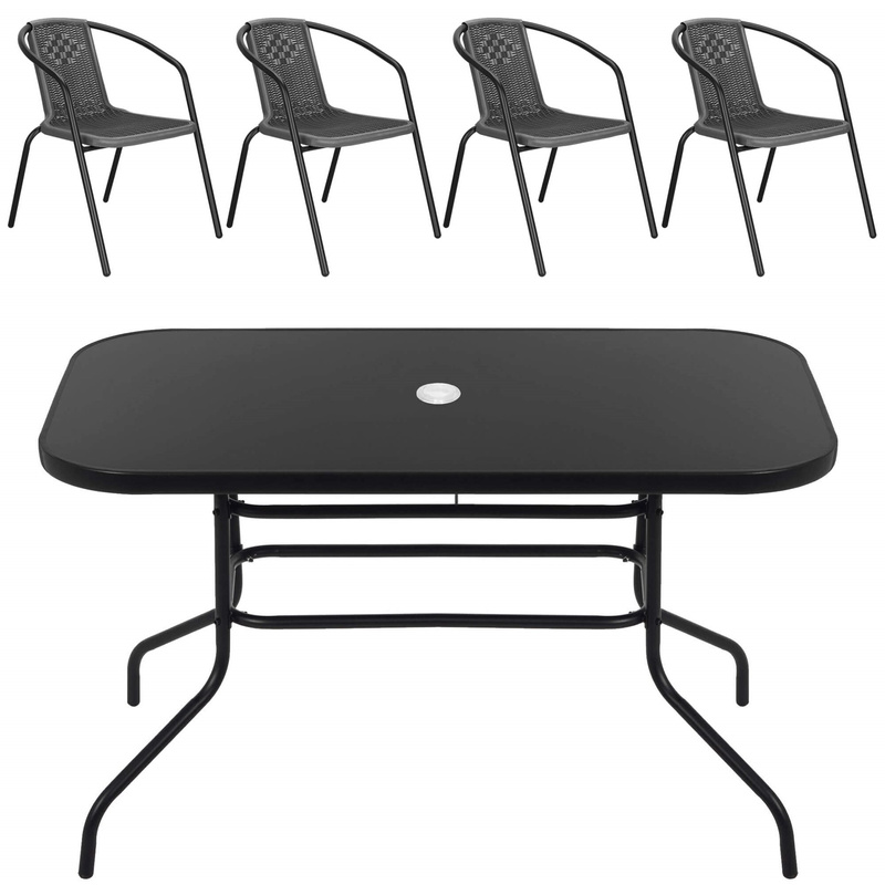 Meble ogrodowe zestaw na taras dla 4 osób: metalowe 4 krzesła i stół 140x80 cm czarno-szary