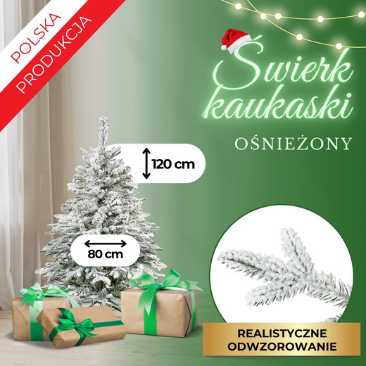 Choinka sztuczna 120 cm świerk kaukaski ośnieżony jak żywy, nowoczesny, ze stojakiem