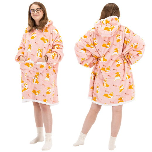 Kocobluza damska oversize koc bluza 2w1 z kapturem ciepła szlafrok futrzak piesek corgi