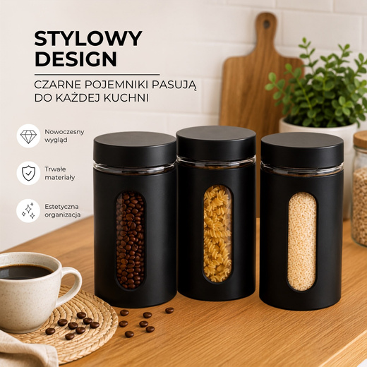 Pojemnik kuchenny, szklany z pokrywką 1L zestaw 3 szt. na żywność, produkty sypkie, kawę