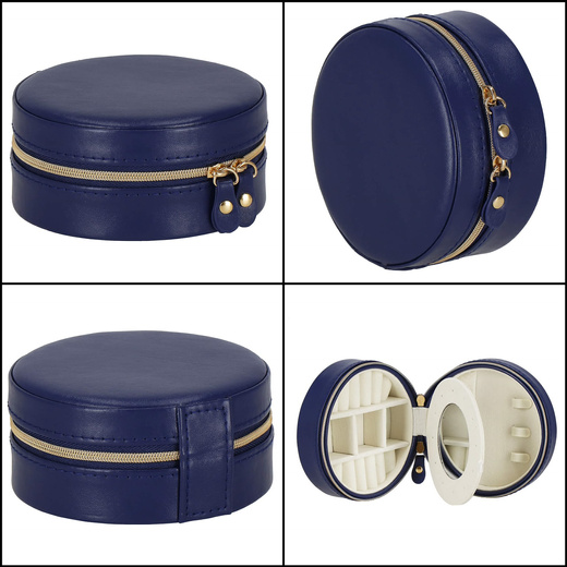 Szkatułka na biżuterię okrągła 11x5 cm granatowy organizer z przegródkami ekoskóra