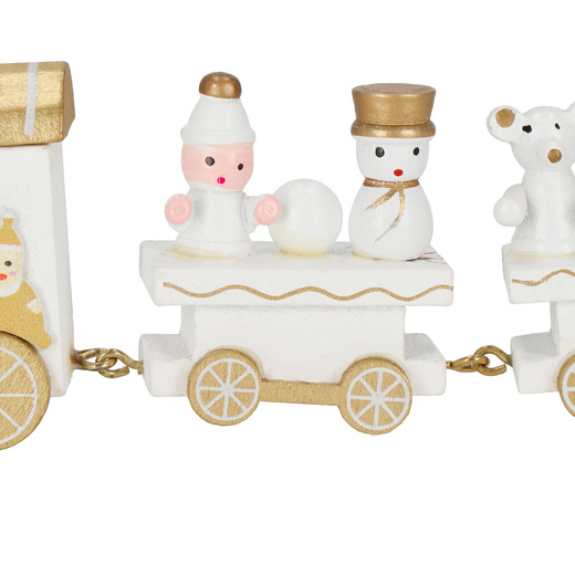 Drewniany pociąg z wagonikami, dekoracja, ozdoba świąteczna, wystrój wnętrz biało-złoty