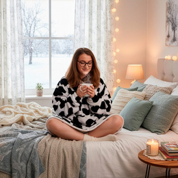 Kocobluza damska oversize koc bluza 2w1 z kapturem ciepła szlafrok futrzak czarno-biały