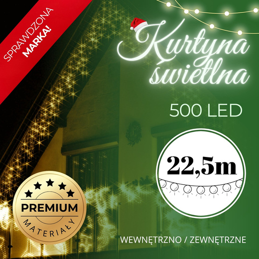 Kurtyna świetlna z pilotem 500 led girlanda, lampki wewnętrzno-zewnętrzne 22,5 m sople ciepły biały