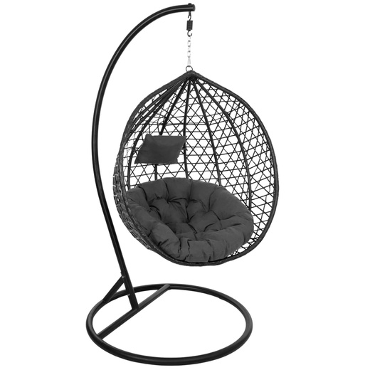 Kokon ogrodowy rattanowy z poduszkami fotel wiszący bujak huśtawka na metalowym stelażu czarna