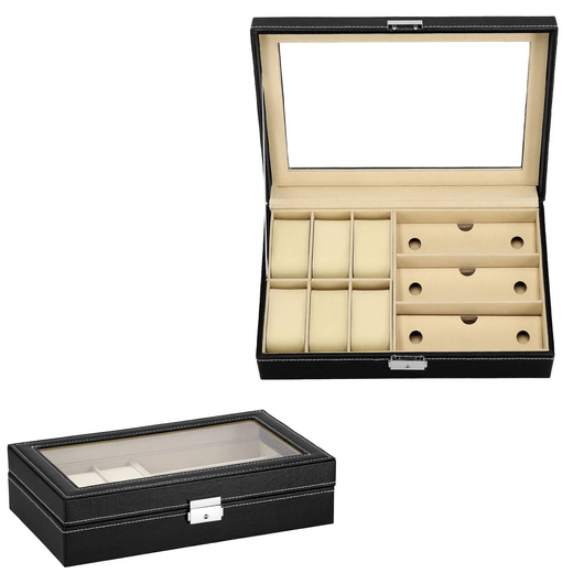 Szkatułka na zegarki 30x20x8cm czarno-kremowy, ekoskóra organizer z przegródkami i lusterkiem