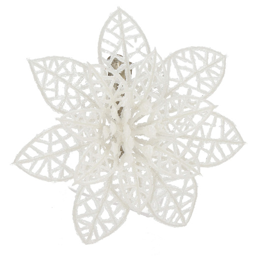 Gwiazda betlejemska, sztuczny kwiat, poinsecja ażurowa, biała z brokatem na klipsie