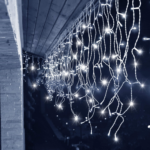 Kurtyna świetlna 300 led girlanda, lampki wewnętrzno-zewnętrzne 15,5 m sople biały zimny + flash