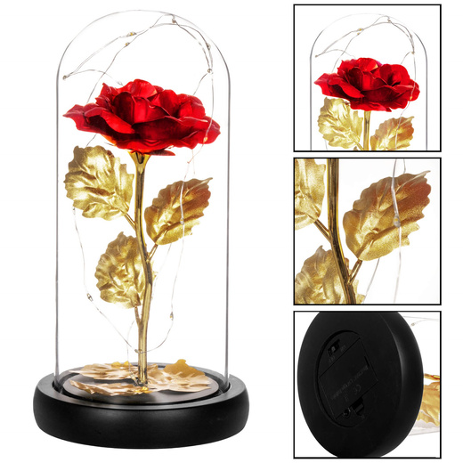 Wieczna róża w szkle 22 cm świecąca ozdoba LED prezent czerwona