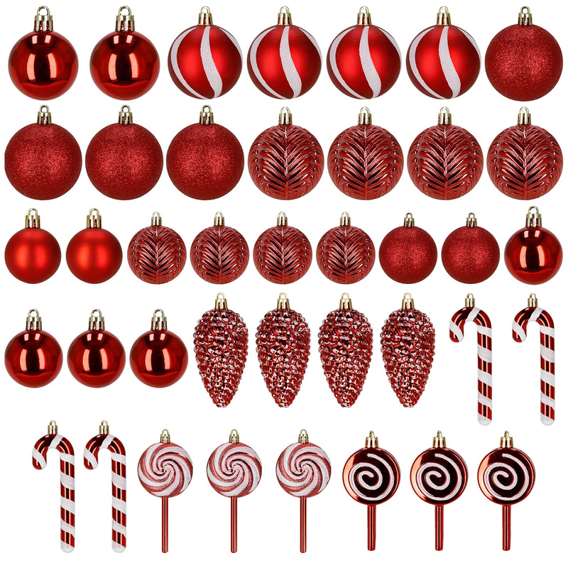 Bombki choinkowe 40 szt. ozdoby kule, lizaki, szyszki, laski cukrowe nietłukące, czerwone