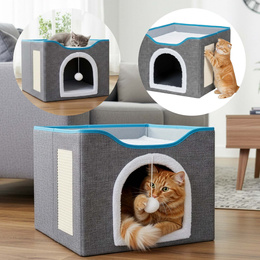 Legowisko dla kota z zabawką i drapakiem 42x41x34 cm koci domek, posłanie szare