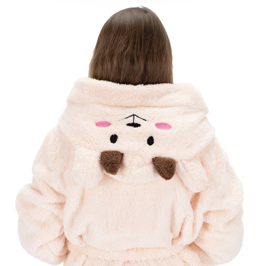 Szlafrok damski z polaru rozm. L/XL z kapturem i paskiem beżowy, miś 