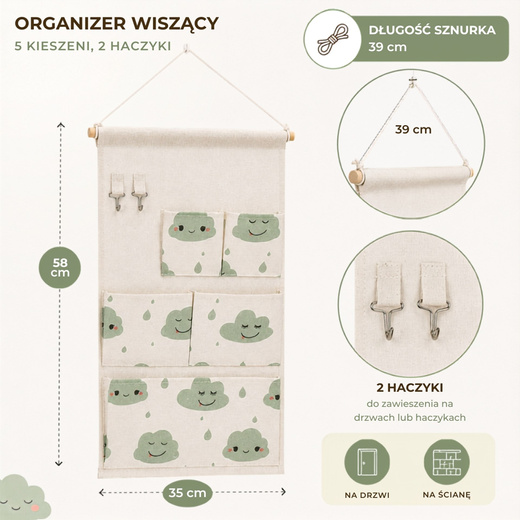 Organizer wiszący na zabawki 58 × 35 cm, 5 kieszeni, beżowy w chmurki
