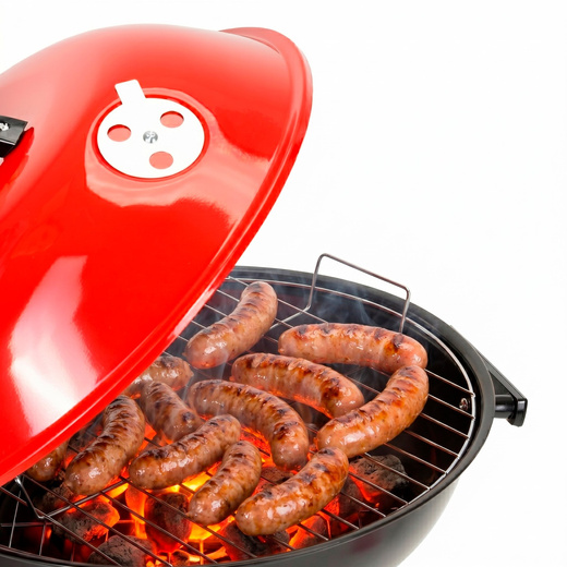 Grill węglowy, zamykany pokrywą okrągły, ruszt 41 cm przenośny, czarno-czerwony