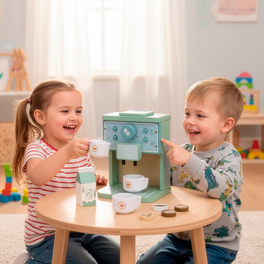 Ekspres do kawy z filiżankami drewniany, zabawka dla dzieci 8 el. multikolor