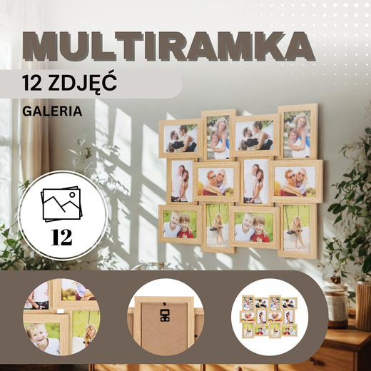 Ramka na zdjęcia 12 zdjęć drewniana multiramka, brązowa