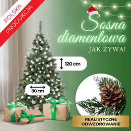 Choinka sztuczna 120 cm sosna diamentowa ośnieżona z szyszkami