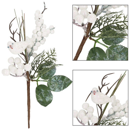 Gałązka świąteczna liść dekoracja z brokatowym ptaszkiem do stroika 25,5 cm