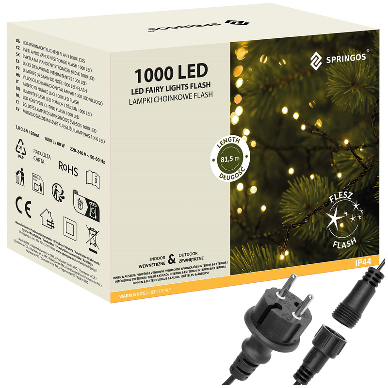 Lampki choinkowe 1000 Led biały ciepły, flash biały zimny 81,5m oświetlenie świąteczne IP44