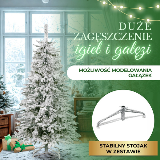 Choinka sztuczna 180 cm świerk kaukaski ośnieżony jak żywy, nowoczesny, ze stojakiem