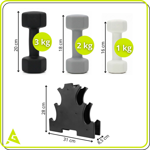 Hantle na stojaku zestaw 6 szt. obciążenia 1 kg, 2 kg, 3 kg do fitnessu, treningu domowego