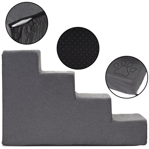 Schodki dla psa do łóżka 40 cm podest, rampa 4-stopniowa, miękkie schody ciemnoszare