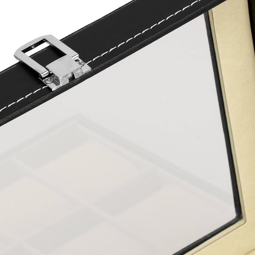 Szkatułka na zegarki 30x20x8 cm czarno-kremowa, ekoskóra organizer z 12 przegródkami