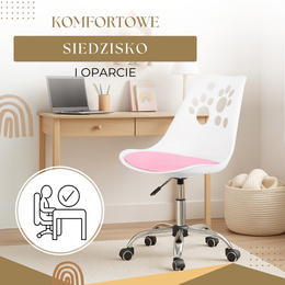 Fotel dziecięcy do biurka, obrotowe krzesło na kółkach regulowane dla dzieci do nauki, biało-różowe