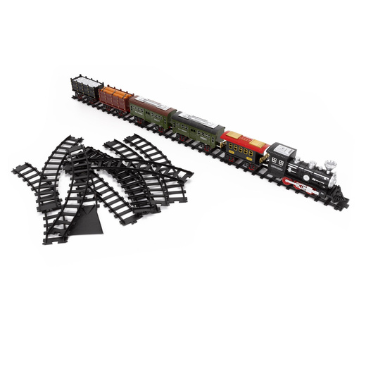 Pociąg z wagonami dla dzieci z mgiełką i dźwiękami, lokomotywa parowa z torami na baterie