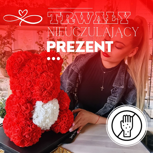 Miś z płatków róż czerwony z białym sercem 22 cm rose bear z opakowaniem