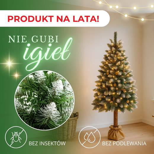 Choinka na pniu 140 cm sztuczna sosna diamentowa ośnieżona premium ze stojakiem i jutą