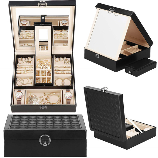 Szkatułka na biżuterię ekoskóra 25 x 25 x 8,5 cm czarny organizer z przegródkami i lusterkiem