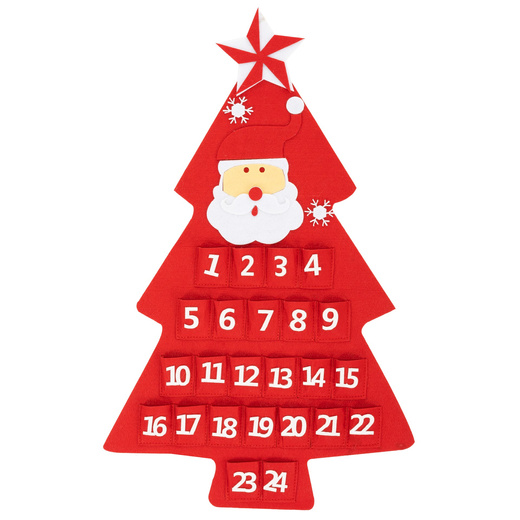 Kalendarz adwentowy, wiszący z 24 okienkami filcowy choinka z mikołajem czerwony