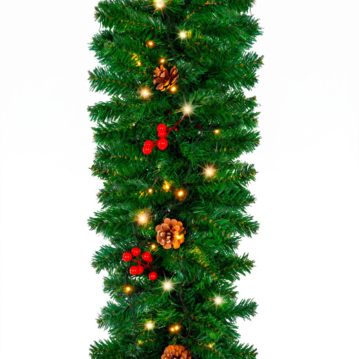 Girlanda świąteczna 3 m z lampkami 70 LED biały ciepły, szyszki, jarzębina, zielony łańcuch