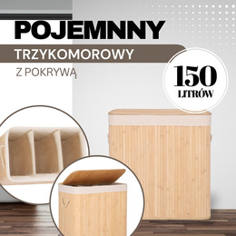 Kosz na pranie 150l z pokrywą bambusowy, trzykomorowy brązowy