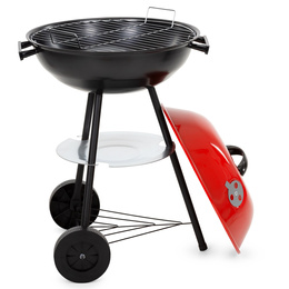 Grill węglowy, zamykany pokrywą okrągły, ruszt 41 cm przenośny, czarno-czerwony