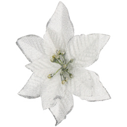 Gwiazda betlejemska, sztuczny kwiat poinsecja srebrna z brokatem, na klipsie