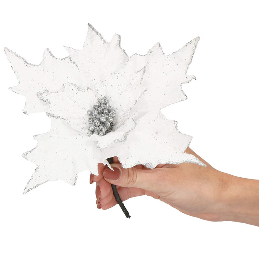 Gwiazda betlejemska, sztuczny kwiat, poinsecja biała z brokatem