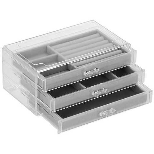 Szkatułka na biżuterię 23x14x11 cm szary welurowy organizer z przegródkami 