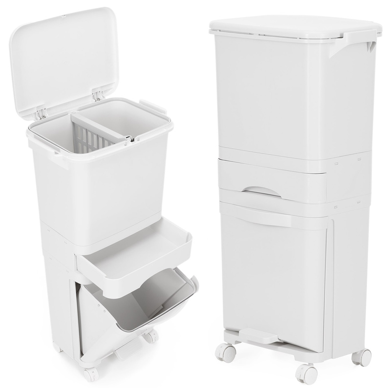Kosz na śmieci, trzykomorowy 42 l do segregacji odpadów, na kółkach, biały