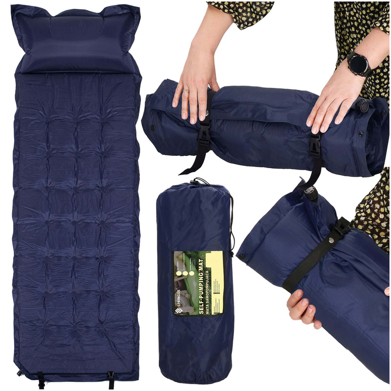 Mata samopompująca 200 cm turystyczna biwakowa z poduszką i pokrowcem granatowa