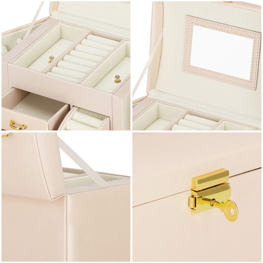 Szkatułka na biżuterię ekoskóra 17,5x12x13,5 cm jasny różowy organizer z przegródkami