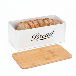 Chlebak metalowy, zamykany z bambusową deską, pojemnik na pieczywo, biały