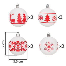 Bombki choinkowe 7 cm 12 szt. zestaw ozdoby świąteczne zdobione matowe, białe z wzorami