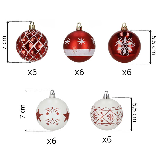 Bombki na choinkę, dekorację choinkowe, świąteczne 30 szt. nietłukące, biało-czerwone