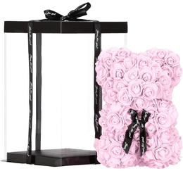 Miś z płatków róż różowy 22 cm rose bear z lampkami LED biały ciepły