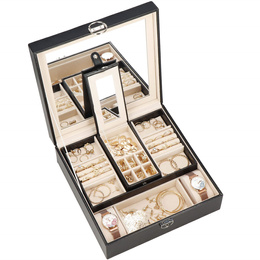 Szkatułka na biżuterię ekoskóra 25 x 25 x 8,5 cm czarny organizer z przegródkami i lusterkiem